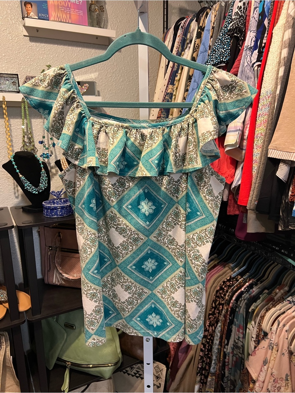 Cato Teal and Cream Printed Off-Shoulder Blouse